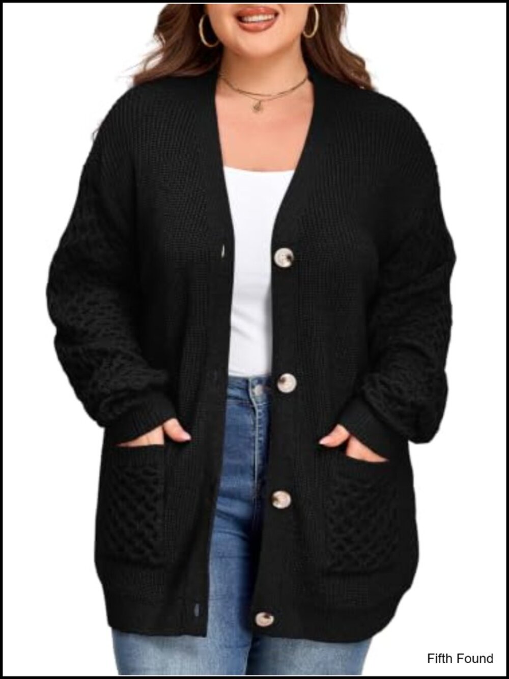 Plus Size Chunky Knit Cardigan Button Down V-Neck Sweater with Pockets